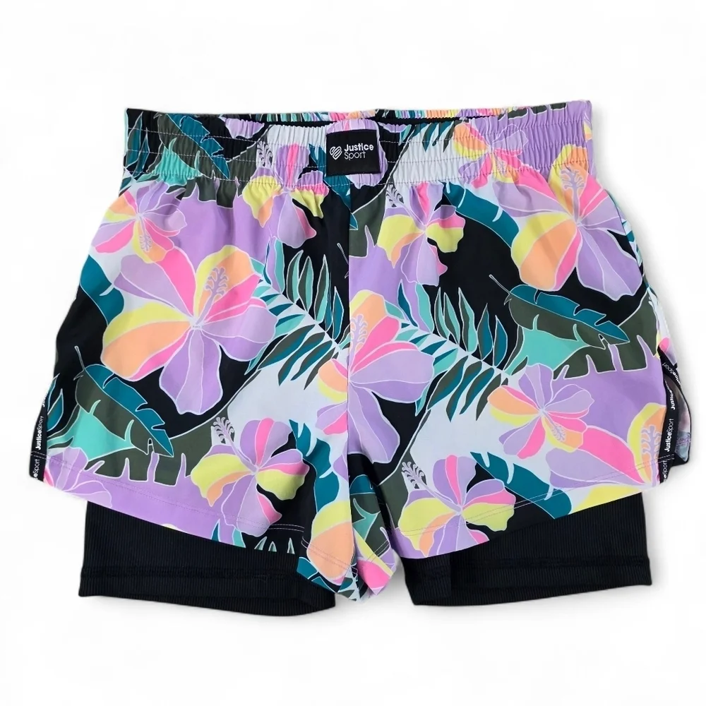 Justice Sport Girls XL 16/18 Floral Hibiscus 2-in-1 Running Athletic Shorts
